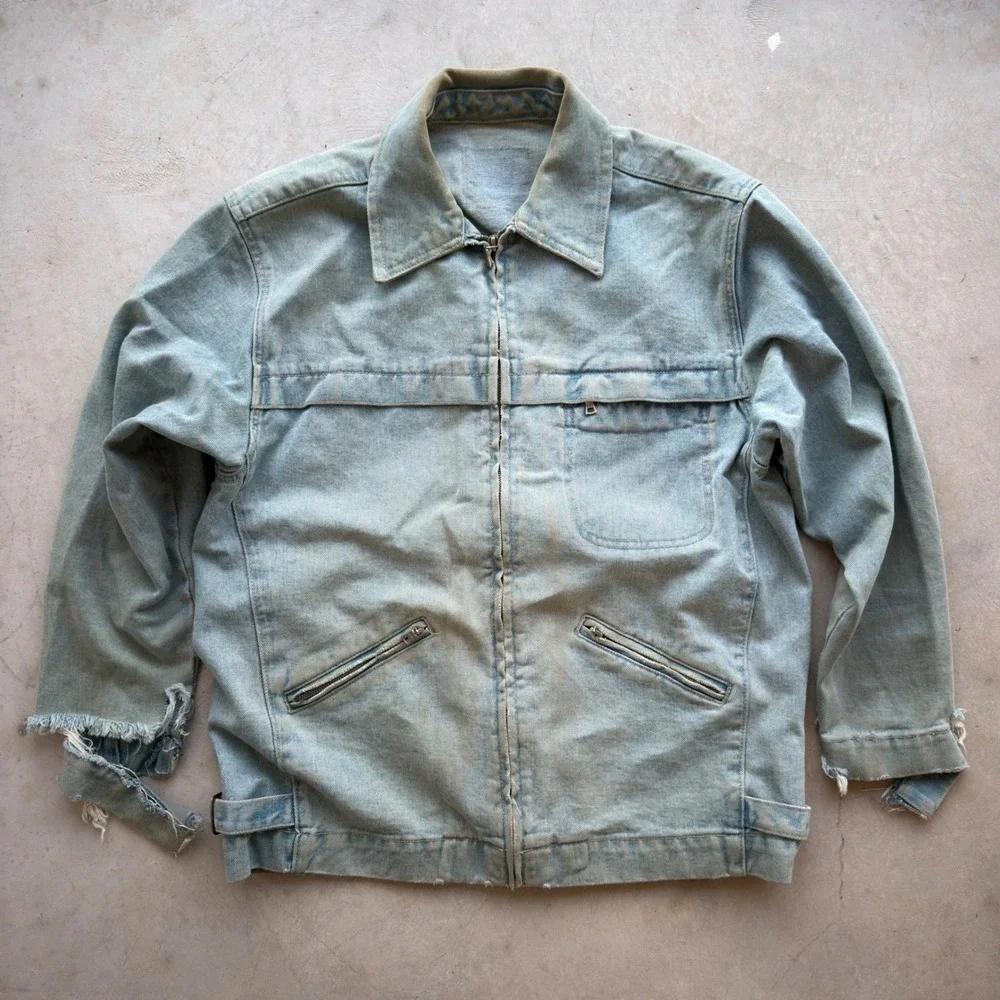 Vintage Distressed Denim Zip Up Jacket Light Wash Workwear Trucker Mens L/XL